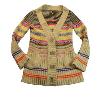 Free People Cardigan Duster Sweater Tan Large Oversized Colorful Striped Pockets